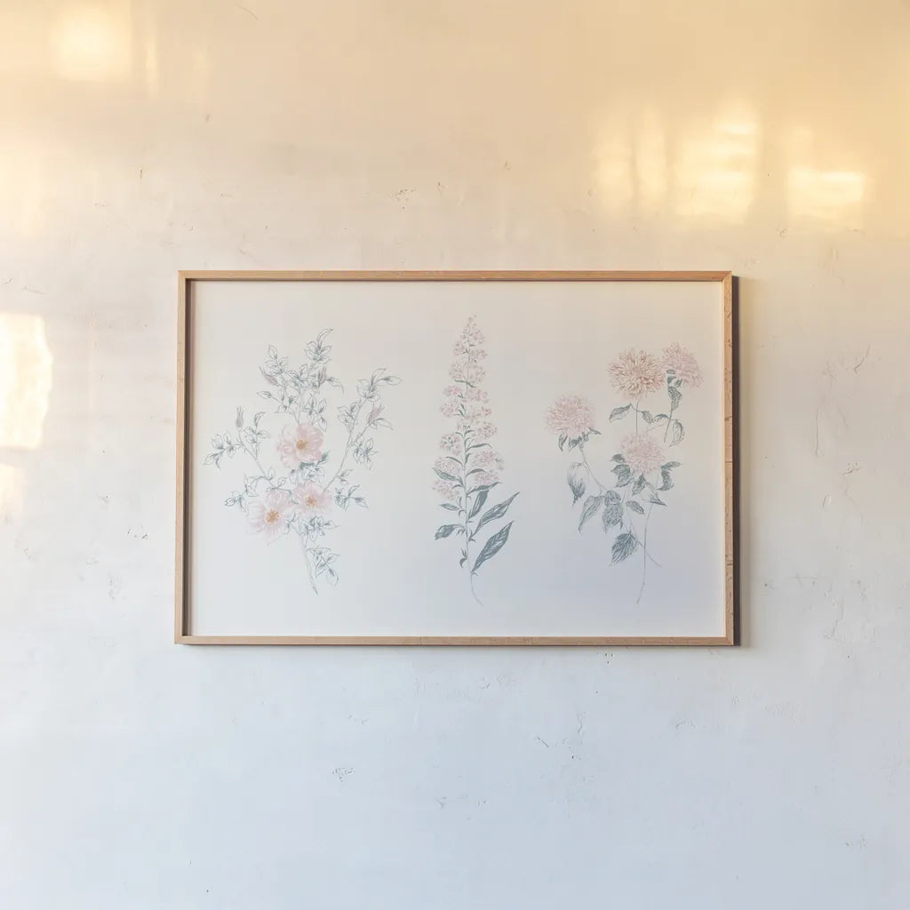Flowers on White IX Contemporary by Wild Apple Portfolio. shown as a paper print in a natural frame. Available as a archival giclee rolled canvas, fine art paper, or poster print. SKU 44430i.