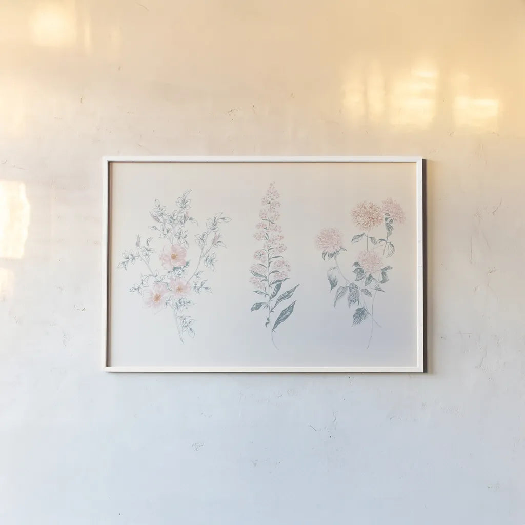 Flowers on White IX Contemporary by Wild Apple Portfolio. shown as a paper print in a white frame. Available as a archival giclee rolled canvas, fine art paper, or poster print. SKU 44430i.