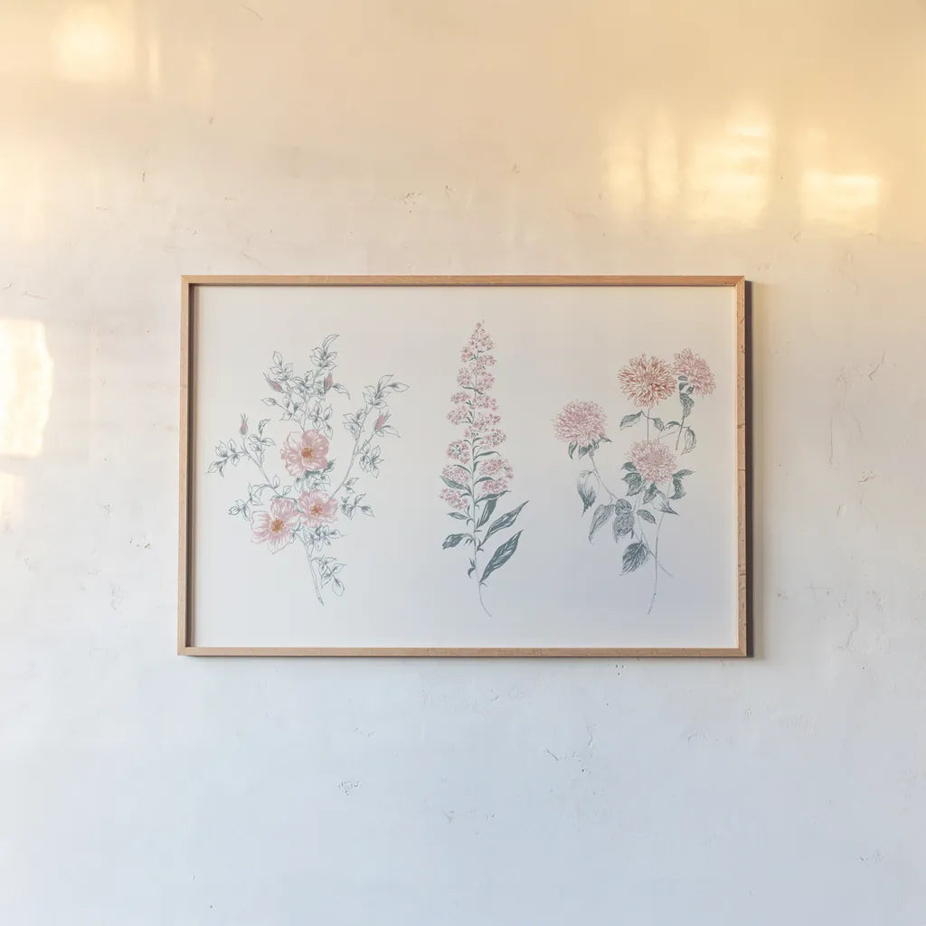 Flowers on White IX Contemporary Bright by Wild Apple Portfolio. shown as a paper print in a natural frame. Available as a archival giclee rolled canvas, fine art paper, or poster print. SKU 48807i.