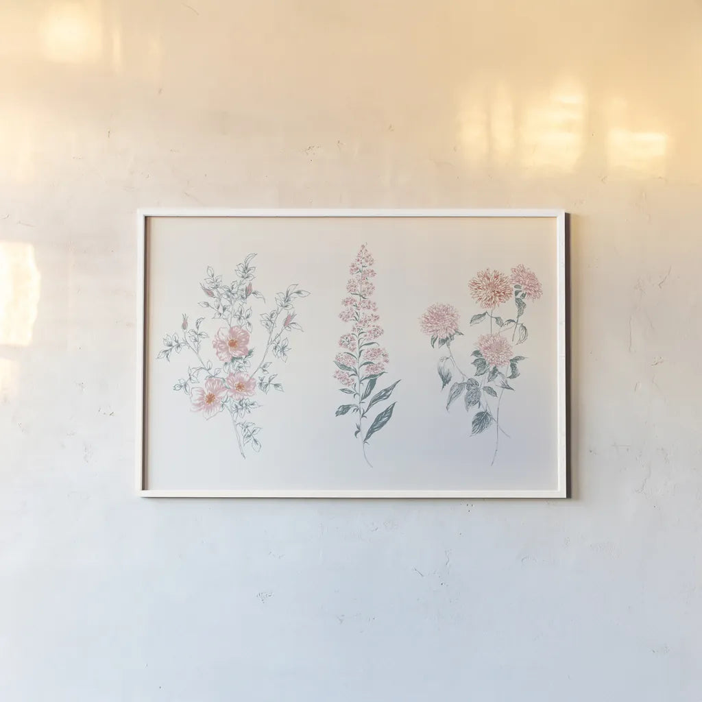 Flowers on White IX Contemporary Bright by Wild Apple Portfolio. shown as a paper print in a white frame. Available as a archival giclee rolled canvas, fine art paper, or poster print. SKU 48807i.