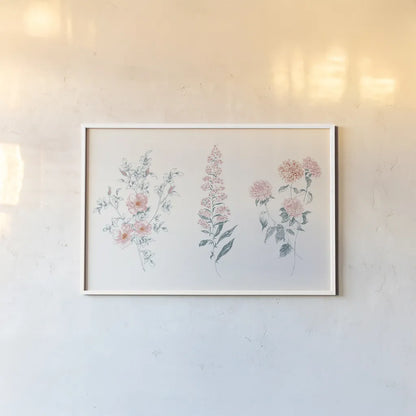Flowers on White IX Contemporary Bright by Wild Apple Portfolio. shown as a paper print in a white frame. Available as a archival giclee rolled canvas, fine art paper, or poster print. SKU 48807i.