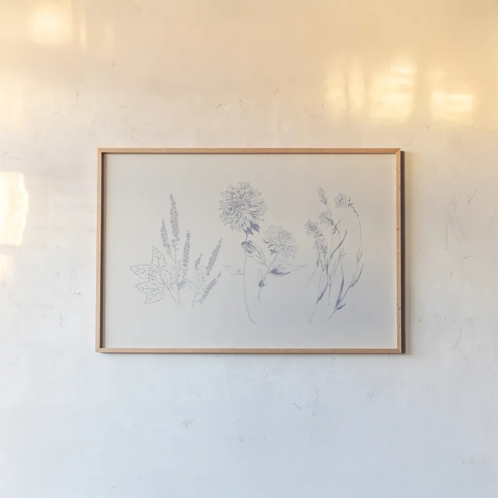 Flowers on White VIII Blue by Wild Apple Portfolio. shown as a paper print in a natural frame. Available as a archival giclee rolled canvas, fine art paper, or poster print. SKU 78211i.
