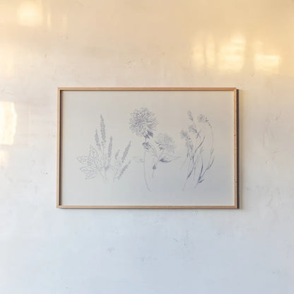 Flowers on White VIII Blue by Wild Apple Portfolio. shown as a paper print in a natural frame. Available as a archival giclee rolled canvas, fine art paper, or poster print. SKU 78211i.