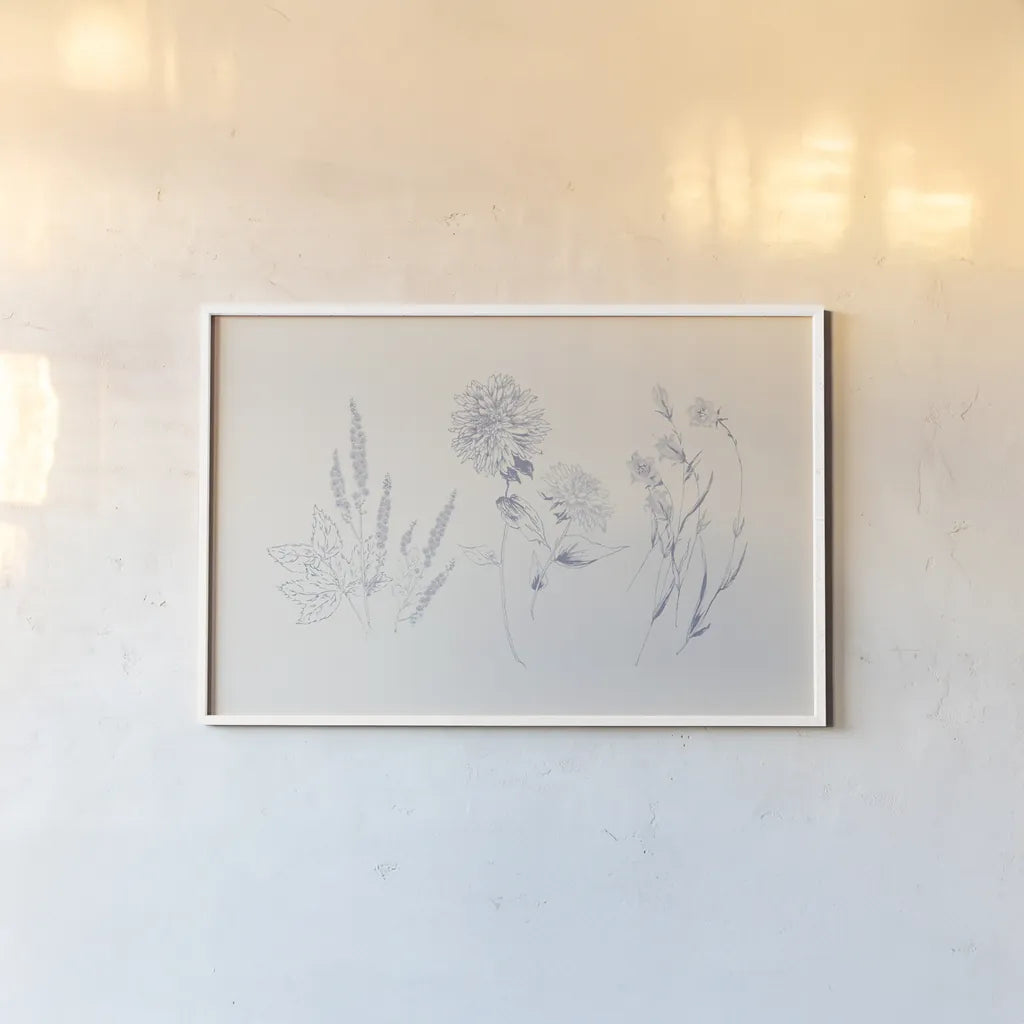 Flowers on White VIII Blue by Wild Apple Portfolio. shown as a paper print in a white frame. Available as a archival giclee rolled canvas, fine art paper, or poster print. SKU 78211i.