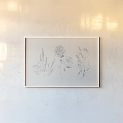 Flowers on White VIII Blue by Wild Apple Portfolio. shown as a paper print in a white frame. Available as a archival giclee rolled canvas, fine art paper, or poster print. SKU 78211i.