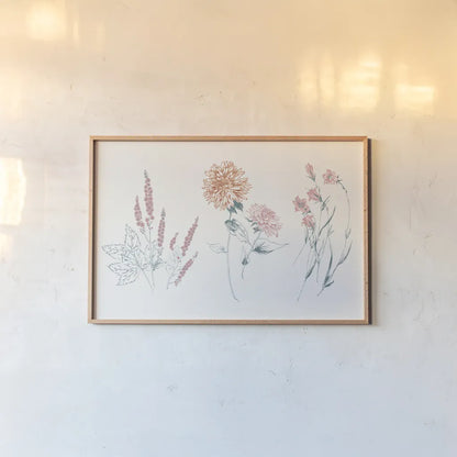 Flowers on White VIII Contemporary Bright by Wild Apple Portfolio. shown as a paper print in a natural frame. Available as a archival giclee rolled canvas, fine art paper, or poster print. SKU 48806i.