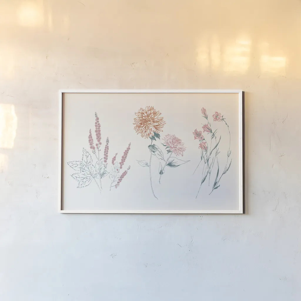 Flowers on White VIII Contemporary Bright by Wild Apple Portfolio. shown as a paper print in a white frame. Available as a archival giclee rolled canvas, fine art paper, or poster print. SKU 48806i.
