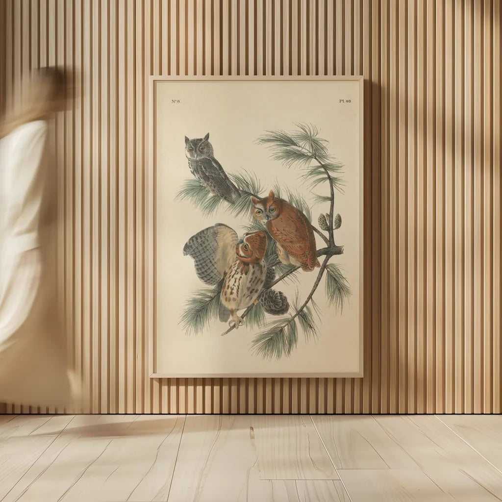 Forest Owls I by Wild Apple Portfolio. shown as over sized large wall art. Available as an archival giclee rolled canvas, fine art paper, or poster print. SKU 90746h.