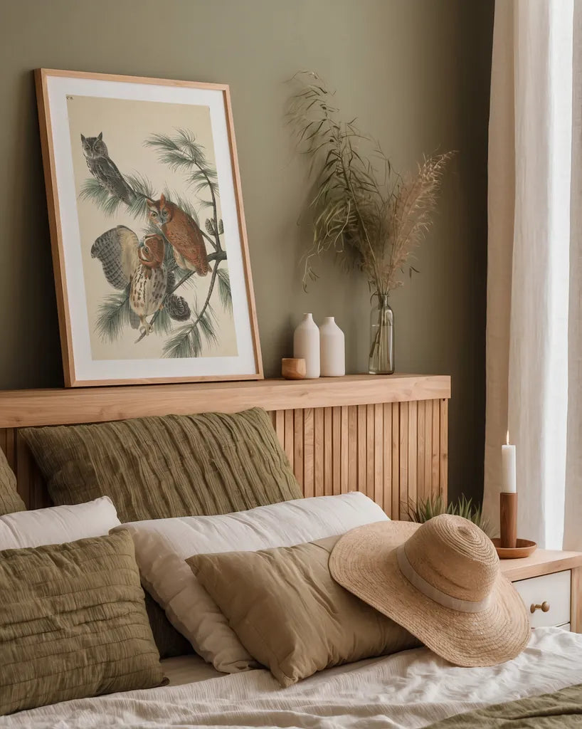 Forest Owls I by Wild Apple Portfolio. shown as a paper print in a natural frame. Available as a archival giclee rolled canvas, fine art paper, or poster print. SKU 90746h.