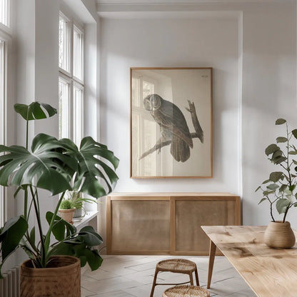 Forest Owls II by Wild Apple Portfolio. shown as a print in a natural wood frame in a dining room. Available as a archival giclee rolled canvas, fine art paper, or poster print. SKU 90747h.