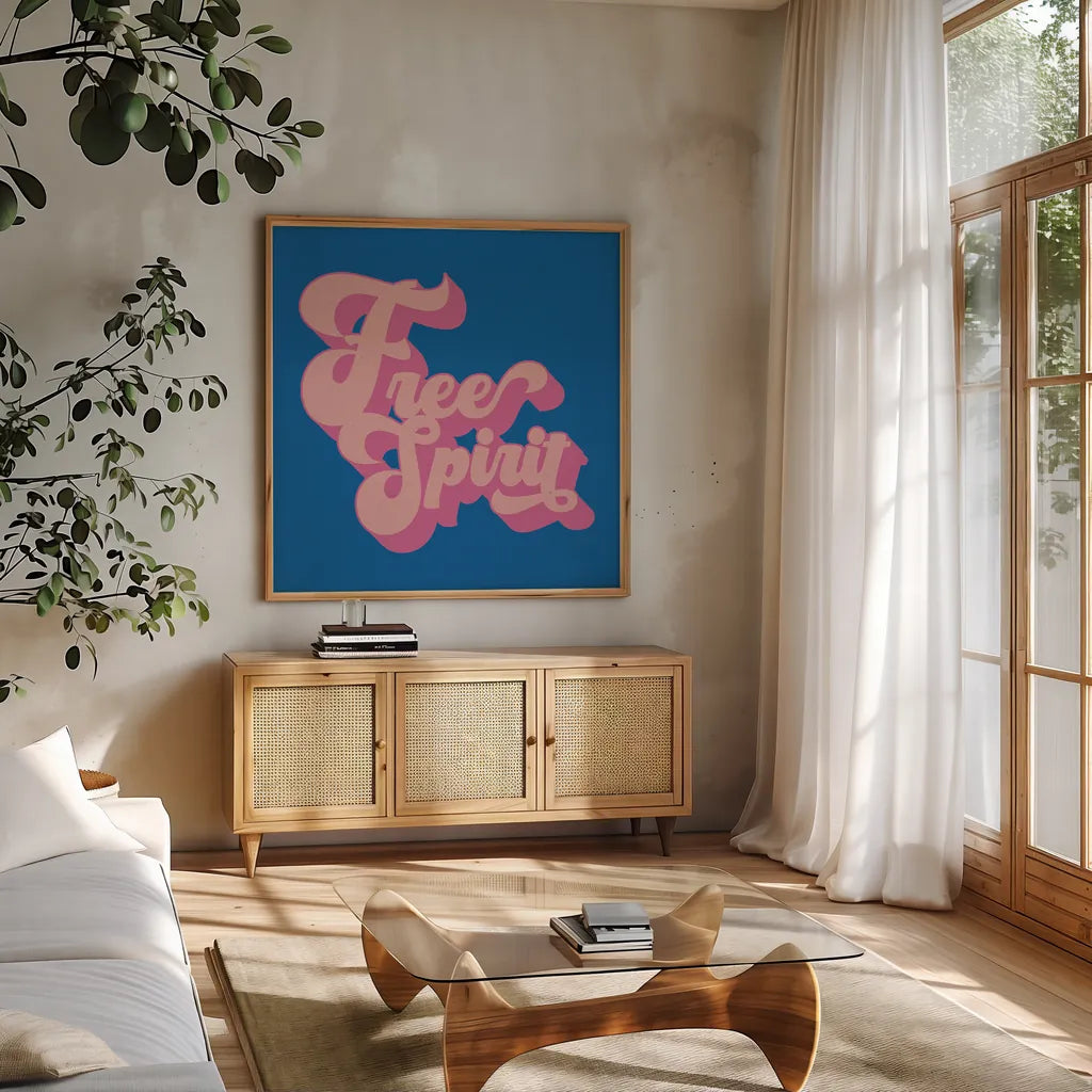 Free Spirit by Wild Apple Portfolio. Shown in a natural wood frame in a cozy modern living room. Available as an archival giclee rolled canvas, fine art paper, or poster print. SKU 65521a.