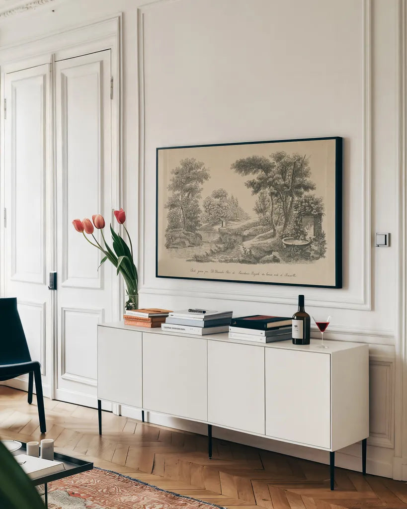 French Park Etching III by Wild Apple Portfolio. shown as a framed stretched canvas in a living room above a console. Available as a archival giclee rolled canvas, fine art paper, or poster print. SKU 78747i.