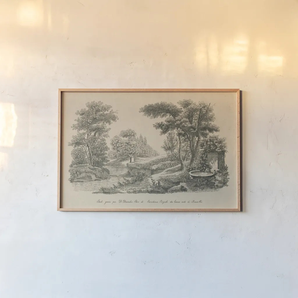 French Park Etching III by Wild Apple Portfolio. shown as a paper print in a natural frame. Available as a archival giclee rolled canvas, fine art paper, or poster print. SKU 78747i.