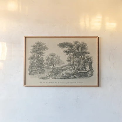 French Park Etching III by Wild Apple Portfolio. shown as a paper print in a natural frame. Available as a archival giclee rolled canvas, fine art paper, or poster print. SKU 78747i.