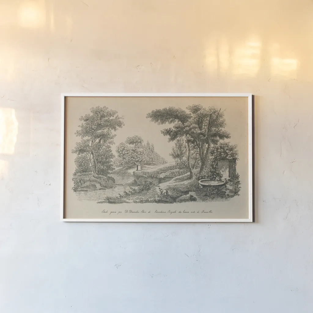 French Park Etching III by Wild Apple Portfolio. shown as a paper print in a white frame. Available as a archival giclee rolled canvas, fine art paper, or poster print. SKU 78747i.