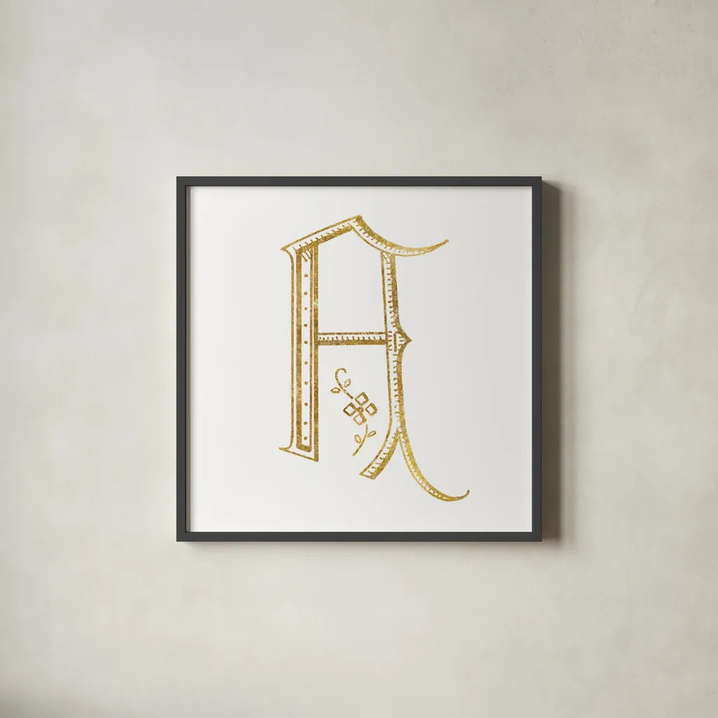 French Sewing Letter A by Wild Apple Portfolio. Shown in a sleek black glass frame for a contemporary gallery look. Available as an archival giclee rolled canvas, fine art paper, or poster print. SKU 43214a.
