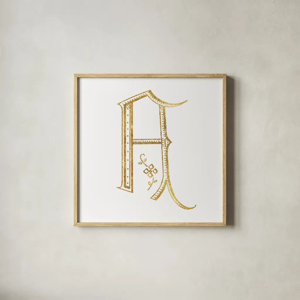French Sewing Letter A by Wild Apple Portfolio. Shown in a natural wood glass frame for a timeless modern aesthetic. Available as an archival giclee rolled canvas, fine art paper, or poster print. SKU 43214a.
