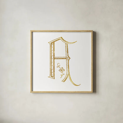 French Sewing Letter A by Wild Apple Portfolio. Shown in a natural wood glass frame for a timeless modern aesthetic. Available as an archival giclee rolled canvas, fine art paper, or poster print. SKU 43214a.