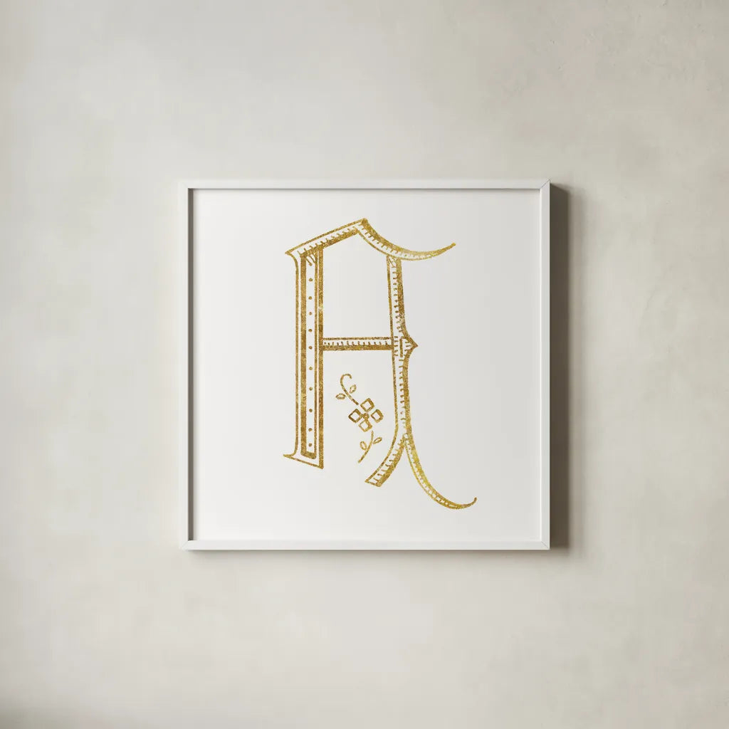 French Sewing Letter A by Wild Apple Portfolio. Shown in a crisp white glass frame for a clean and minimalist style. Available as an archival giclee rolled canvas, fine art paper, or poster print. SKU 43214a.