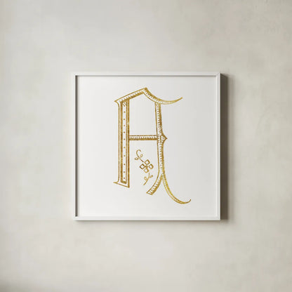 French Sewing Letter A by Wild Apple Portfolio. Shown in a crisp white glass frame for a clean and minimalist style. Available as an archival giclee rolled canvas, fine art paper, or poster print. SKU 43214a.