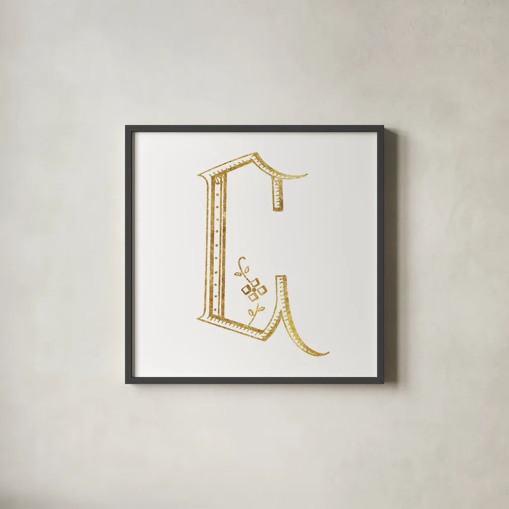 French Sewing Letter C by Wild Apple Portfolio. Shown in a sleek black glass frame for a contemporary gallery look. Available as an archival giclee rolled canvas, fine art paper, or poster print. SKU 43229a.