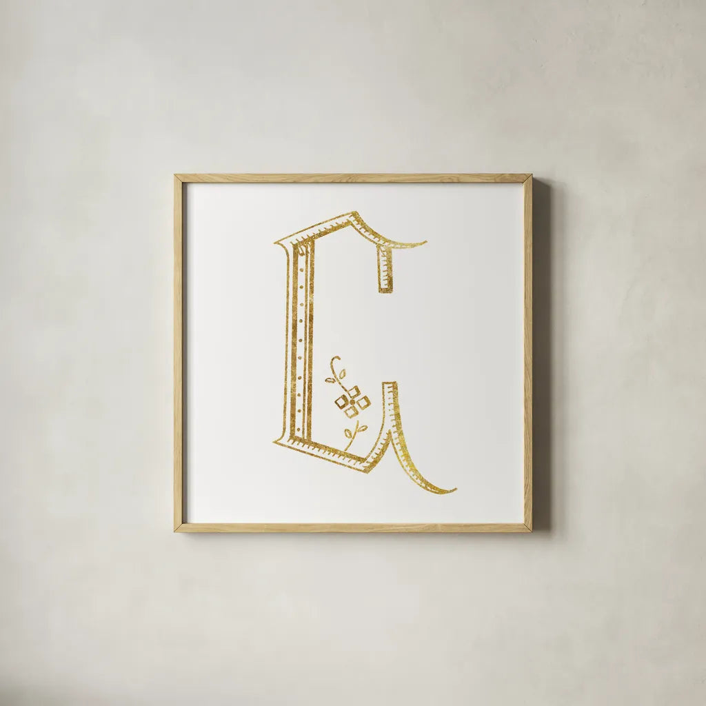 French Sewing Letter C by Wild Apple Portfolio. Shown in a natural wood glass frame for a timeless modern aesthetic. Available as an archival giclee rolled canvas, fine art paper, or poster print. SKU 43229a.