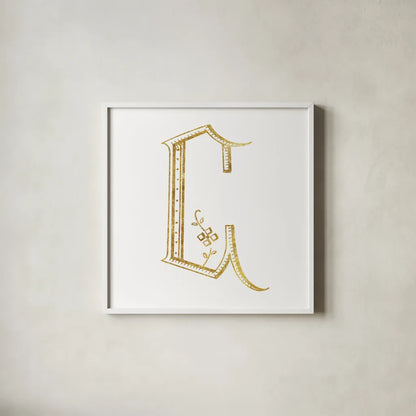 French Sewing Letter C by Wild Apple Portfolio. Shown in a crisp white glass frame for a clean and minimalist style. Available as an archival giclee rolled canvas, fine art paper, or poster print. SKU 43229a.