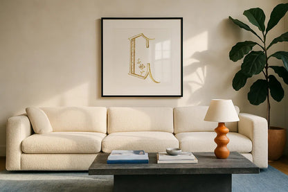 French Sewing Letter C by Wild Apple Portfolio. Displayed in a glass frame with matte in a clean modern living room. Available as an archival giclee rolled canvas, fine art paper, or poster print. SKU 43229a.