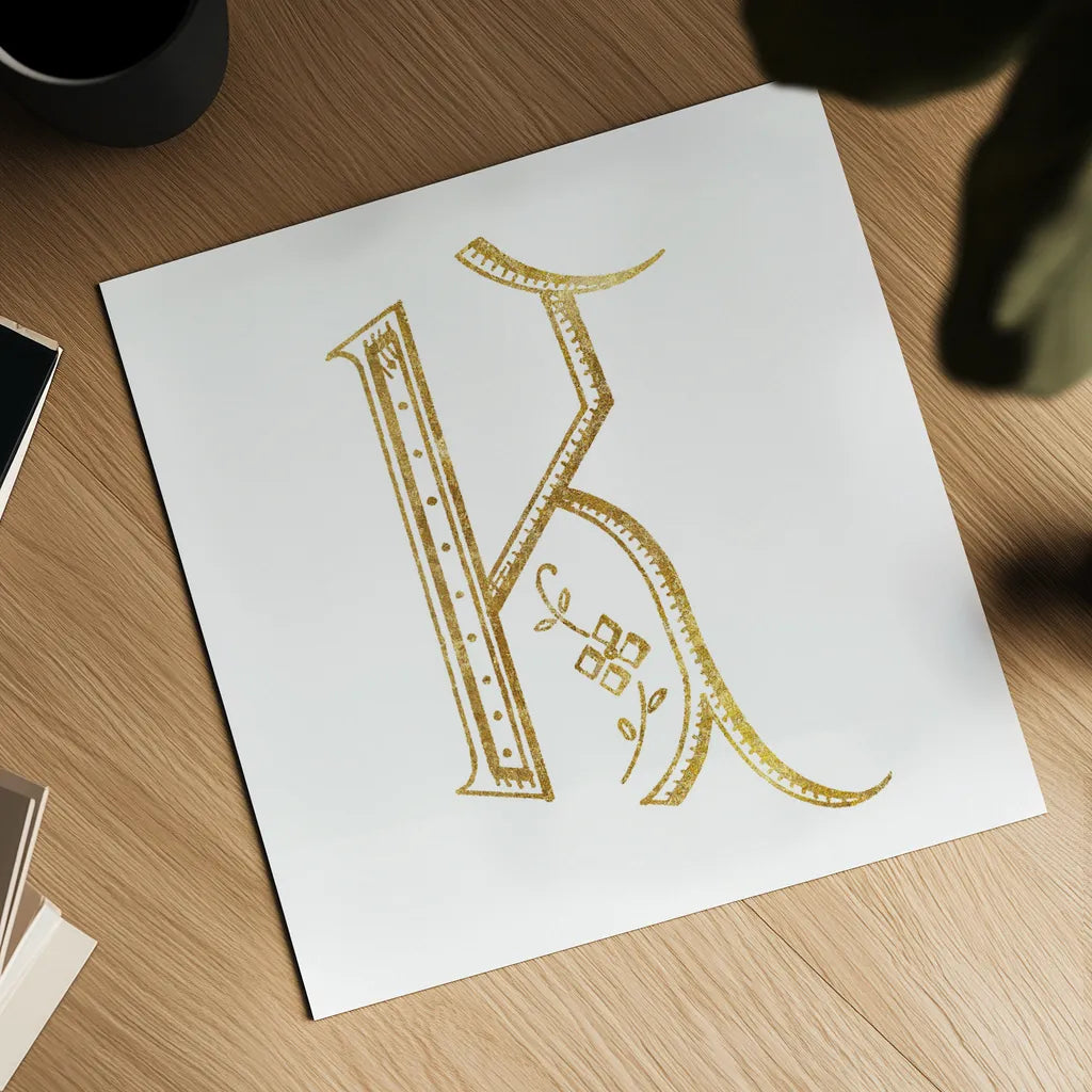 French Sewing Letter K by Wild Apple Portfolio. Shown as a detailed flat fine art print, highlighting archival giclee quality. Available as an archival giclee rolled canvas, fine art paper, or poster print. SKU 43230a.