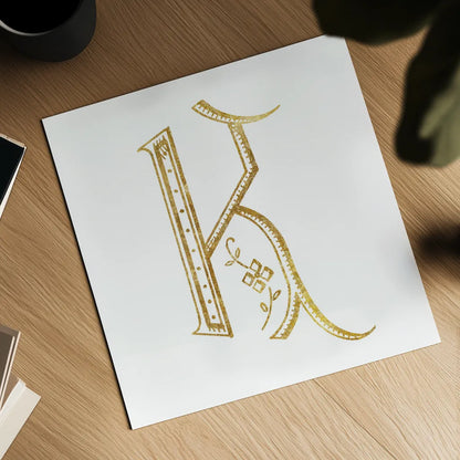 French Sewing Letter K by Wild Apple Portfolio. Shown as a detailed flat fine art print, highlighting archival giclee quality. Available as an archival giclee rolled canvas, fine art paper, or poster print. SKU 43230a.