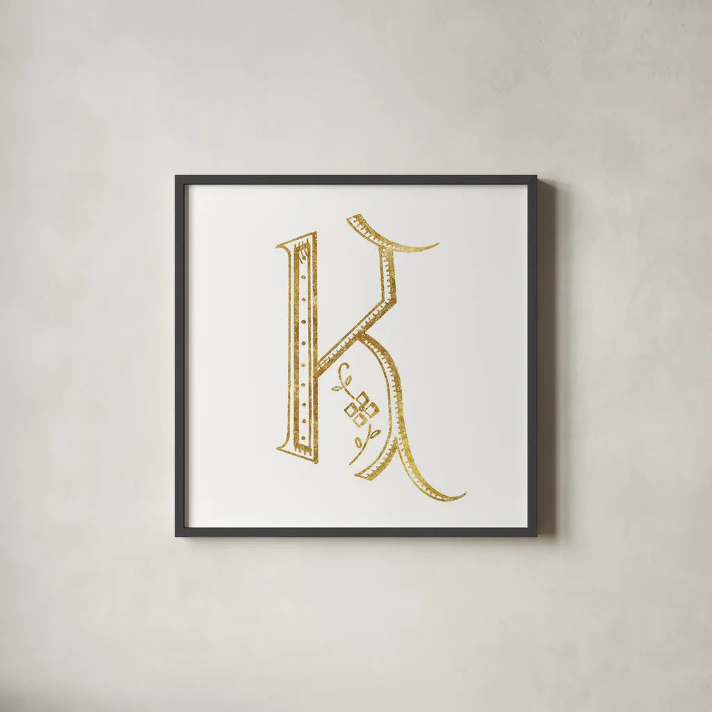 French Sewing Letter K by Wild Apple Portfolio. Shown in a sleek black glass frame for a contemporary gallery look. Available as an archival giclee rolled canvas, fine art paper, or poster print. SKU 43230a.