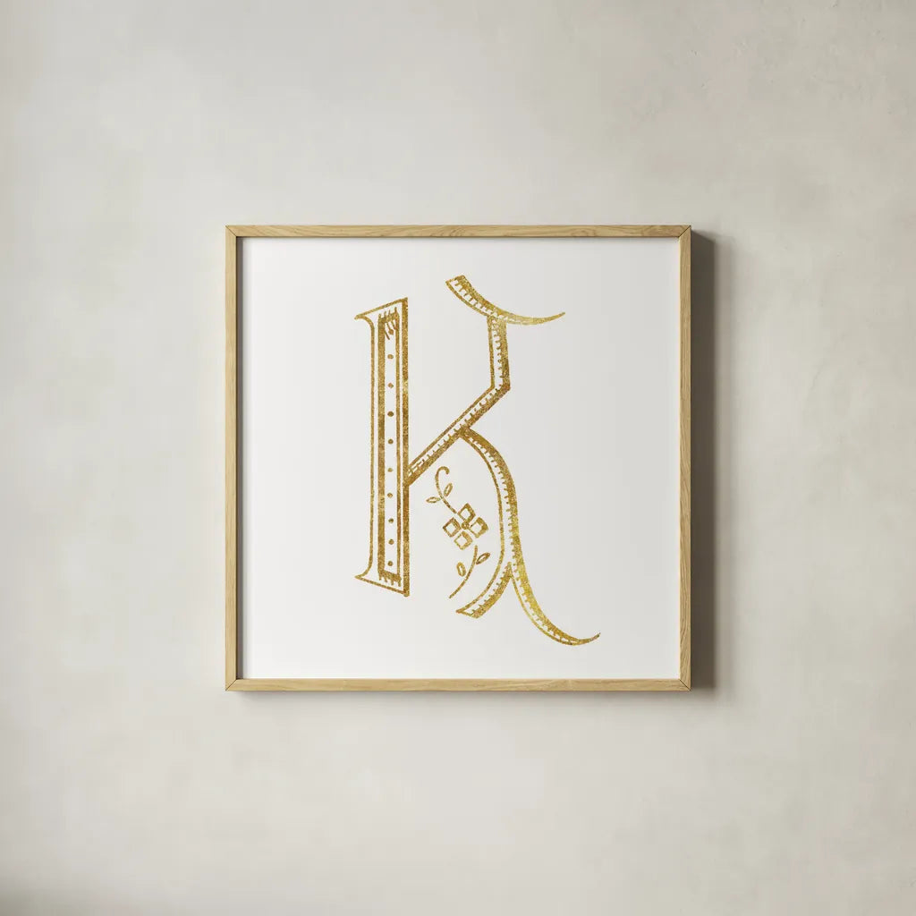French Sewing Letter K by Wild Apple Portfolio. Shown in a natural wood glass frame for a timeless modern aesthetic. Available as an archival giclee rolled canvas, fine art paper, or poster print. SKU 43230a.