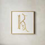 French Sewing Letter K by Wild Apple Portfolio. Shown in a natural wood glass frame for a timeless modern aesthetic. Available as an archival giclee rolled canvas, fine art paper, or poster print. SKU 43230a.