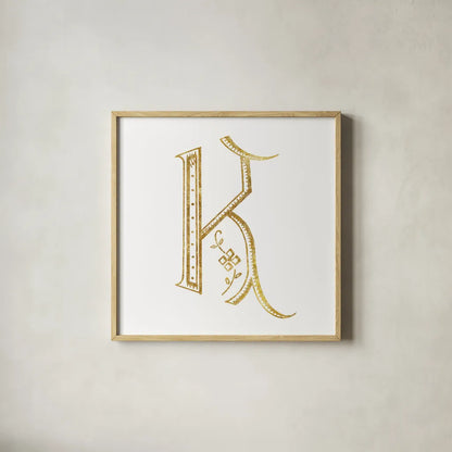 French Sewing Letter K by Wild Apple Portfolio. Shown in a natural wood glass frame for a timeless modern aesthetic. Available as an archival giclee rolled canvas, fine art paper, or poster print. SKU 43230a.