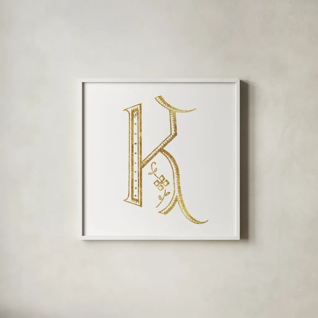 French Sewing Letter K by Wild Apple Portfolio. Shown in a crisp white glass frame for a clean and minimalist style. Available as an archival giclee rolled canvas, fine art paper, or poster print. SKU 43230a.