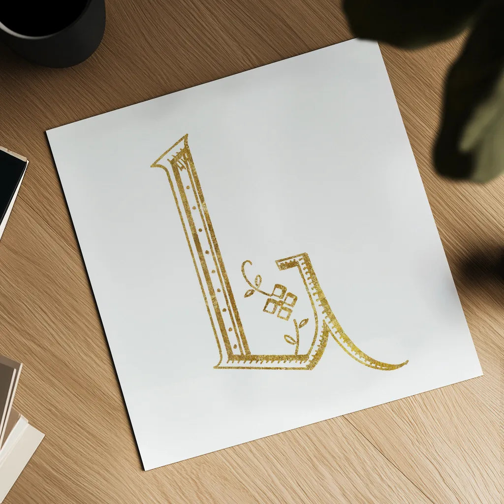 French Sewing Letter L by Wild Apple Portfolio. Shown as a detailed flat fine art print, highlighting archival giclee quality. Available as an archival giclee rolled canvas, fine art paper, or poster print. SKU 43231a.