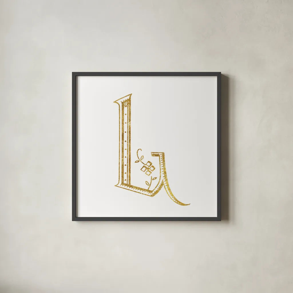 French Sewing Letter L by Wild Apple Portfolio. Shown in a sleek black glass frame for a contemporary gallery look. Available as an archival giclee rolled canvas, fine art paper, or poster print. SKU 43231a.