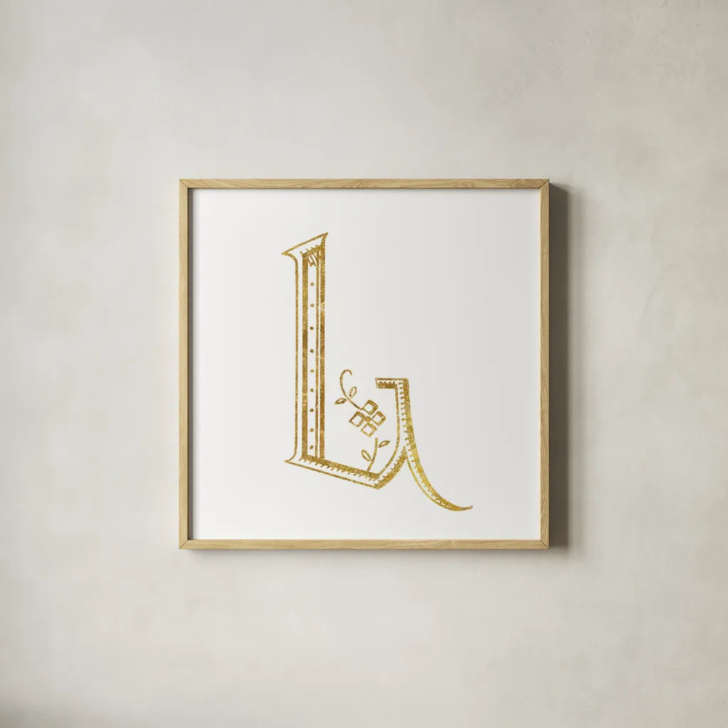 French Sewing Letter L by Wild Apple Portfolio. Shown in a natural wood glass frame for a timeless modern aesthetic. Available as an archival giclee rolled canvas, fine art paper, or poster print. SKU 43231a.