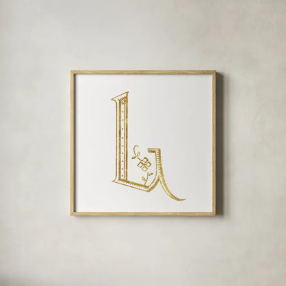 French Sewing Letter L by Wild Apple Portfolio. Shown in a natural wood glass frame for a timeless modern aesthetic. Available as an archival giclee rolled canvas, fine art paper, or poster print. SKU 43231a.