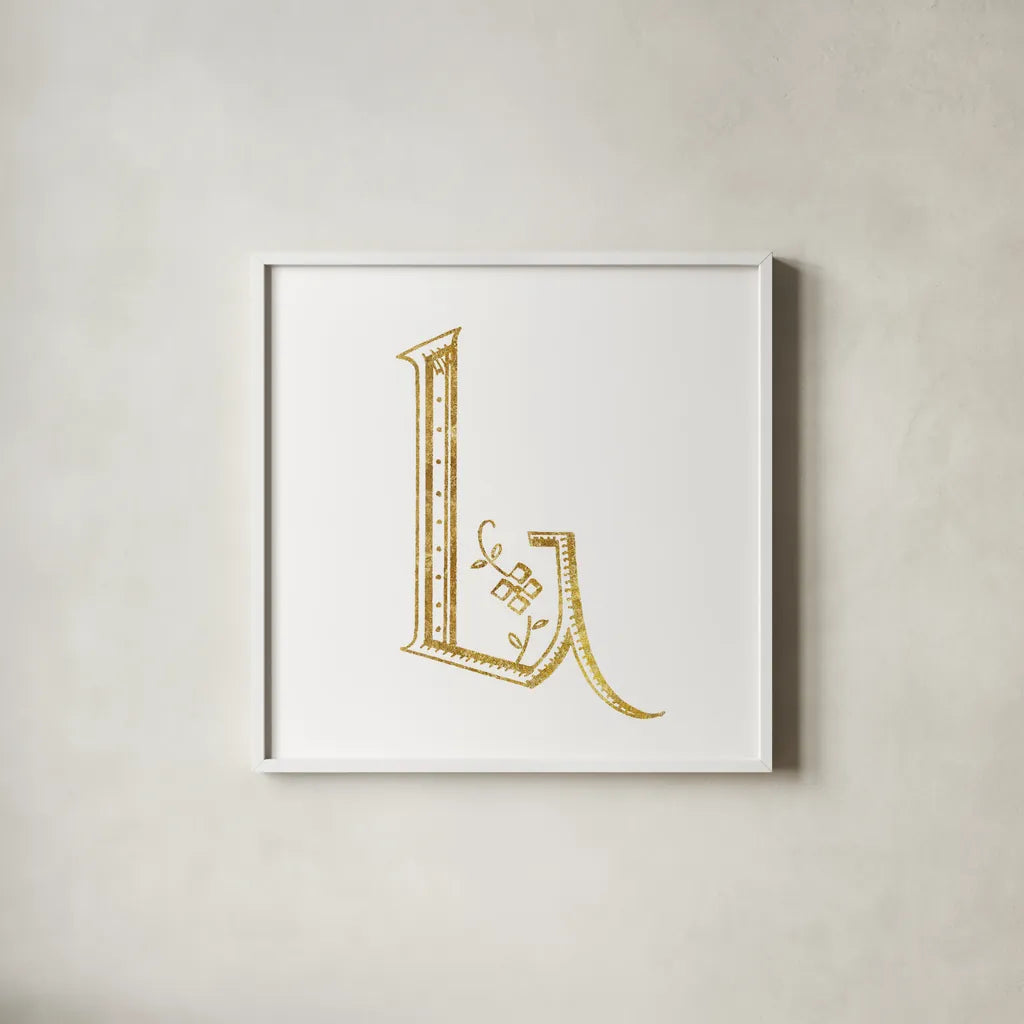 French Sewing Letter L by Wild Apple Portfolio. Shown in a crisp white glass frame for a clean and minimalist style. Available as an archival giclee rolled canvas, fine art paper, or poster print. SKU 43231a.