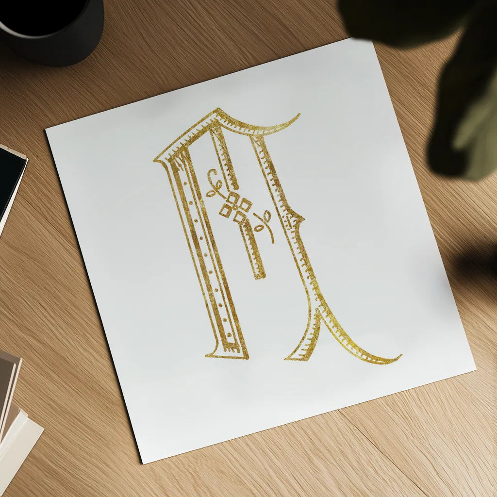 French Sewing Letter M by Wild Apple Portfolio. Shown as a detailed flat fine art print, highlighting archival giclee quality. Available as an archival giclee rolled canvas, fine art paper, or poster print. SKU 43232a.
