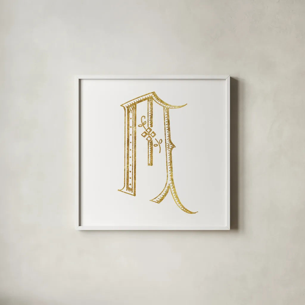 French Sewing Letter M by Wild Apple Portfolio. Shown in a crisp white glass frame for a clean and minimalist style. Available as an archival giclee rolled canvas, fine art paper, or poster print. SKU 43232a.