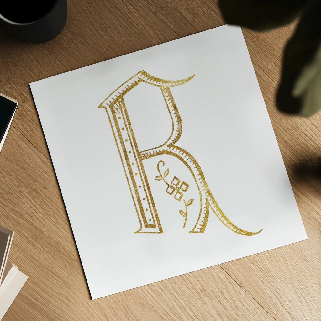 French Sewing Letter R by Wild Apple Portfolio. Shown as a detailed flat fine art print, highlighting archival giclee quality. Available as an archival giclee rolled canvas, fine art paper, or poster print. SKU 43233a.