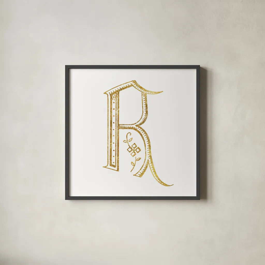 French Sewing Letter R by Wild Apple Portfolio. Shown in a sleek black glass frame for a contemporary gallery look. Available as an archival giclee rolled canvas, fine art paper, or poster print. SKU 43233a.