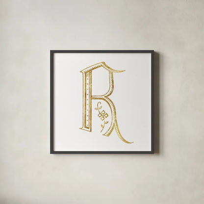 French Sewing Letter R by Wild Apple Portfolio. Shown in a sleek black glass frame for a contemporary gallery look. Available as an archival giclee rolled canvas, fine art paper, or poster print. SKU 43233a.