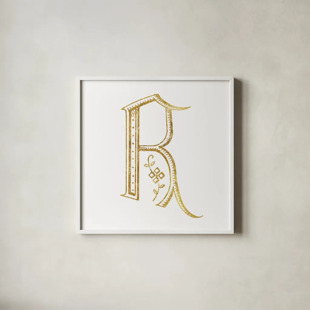 French Sewing Letter R by Wild Apple Portfolio. Shown in a crisp white glass frame for a clean and minimalist style. Available as an archival giclee rolled canvas, fine art paper, or poster print. SKU 43233a.