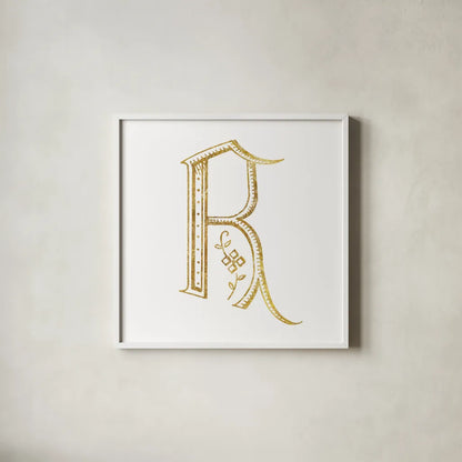 French Sewing Letter R by Wild Apple Portfolio. Shown in a crisp white glass frame for a clean and minimalist style. Available as an archival giclee rolled canvas, fine art paper, or poster print. SKU 43233a.