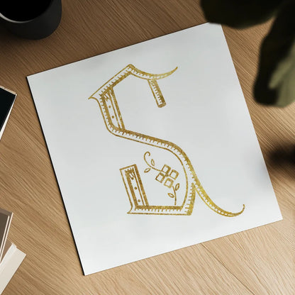 French Sewing Letter S by Wild Apple Portfolio. Shown as a detailed flat fine art print, highlighting archival giclee quality. Available as an archival giclee rolled canvas, fine art paper, or poster print. SKU 43234a.