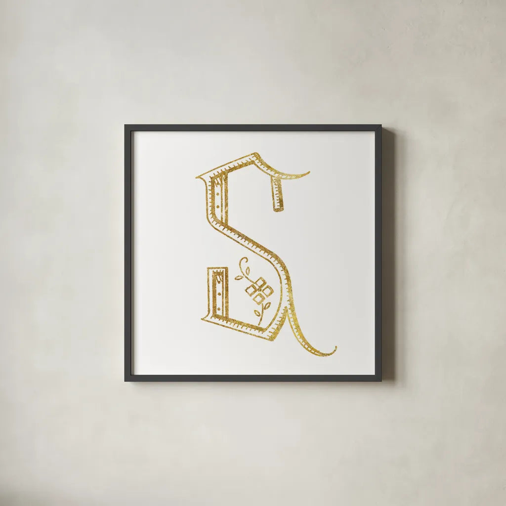 French Sewing Letter S by Wild Apple Portfolio. Shown in a sleek black glass frame for a contemporary gallery look. Available as an archival giclee rolled canvas, fine art paper, or poster print. SKU 43234a.