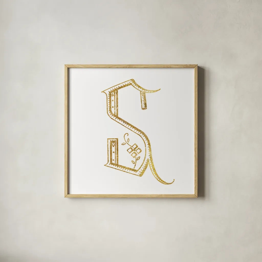 French Sewing Letter S by Wild Apple Portfolio. Shown in a natural wood glass frame for a timeless modern aesthetic. Available as an archival giclee rolled canvas, fine art paper, or poster print. SKU 43234a.